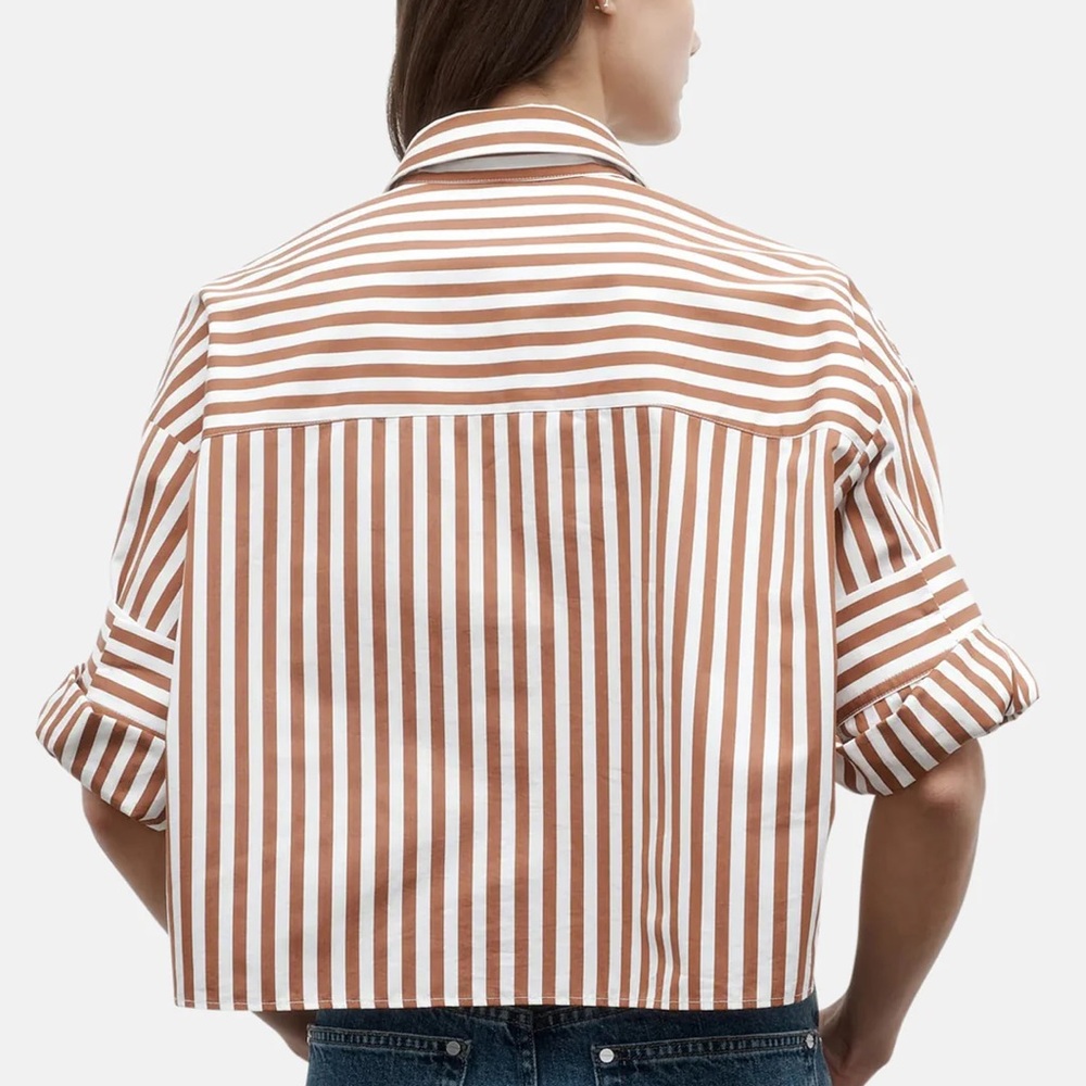 TWP NEXT EX SHIRT IN IVORY/COGNAC brown button down crop cotton - Picture 2 of 8
